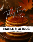 Stack of pancakes with syrup, autumn leaves, and Teddy Eva Scents branding.