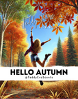 A wax melt package for 'Hello Autumn' with an image of a girl jumping in a forest, surrounded by autumn leaves.